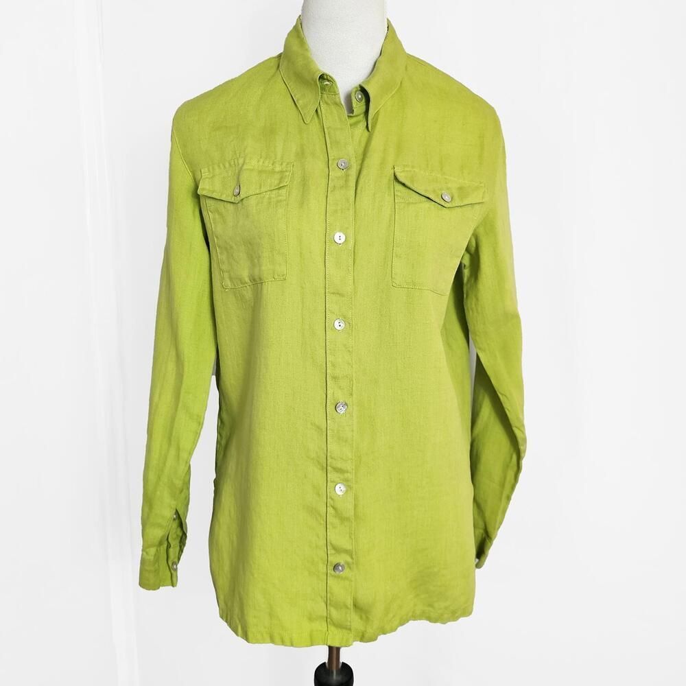 Lino by Chico's Lime Green Linen Button-Up Shirt - Chico's Size 0